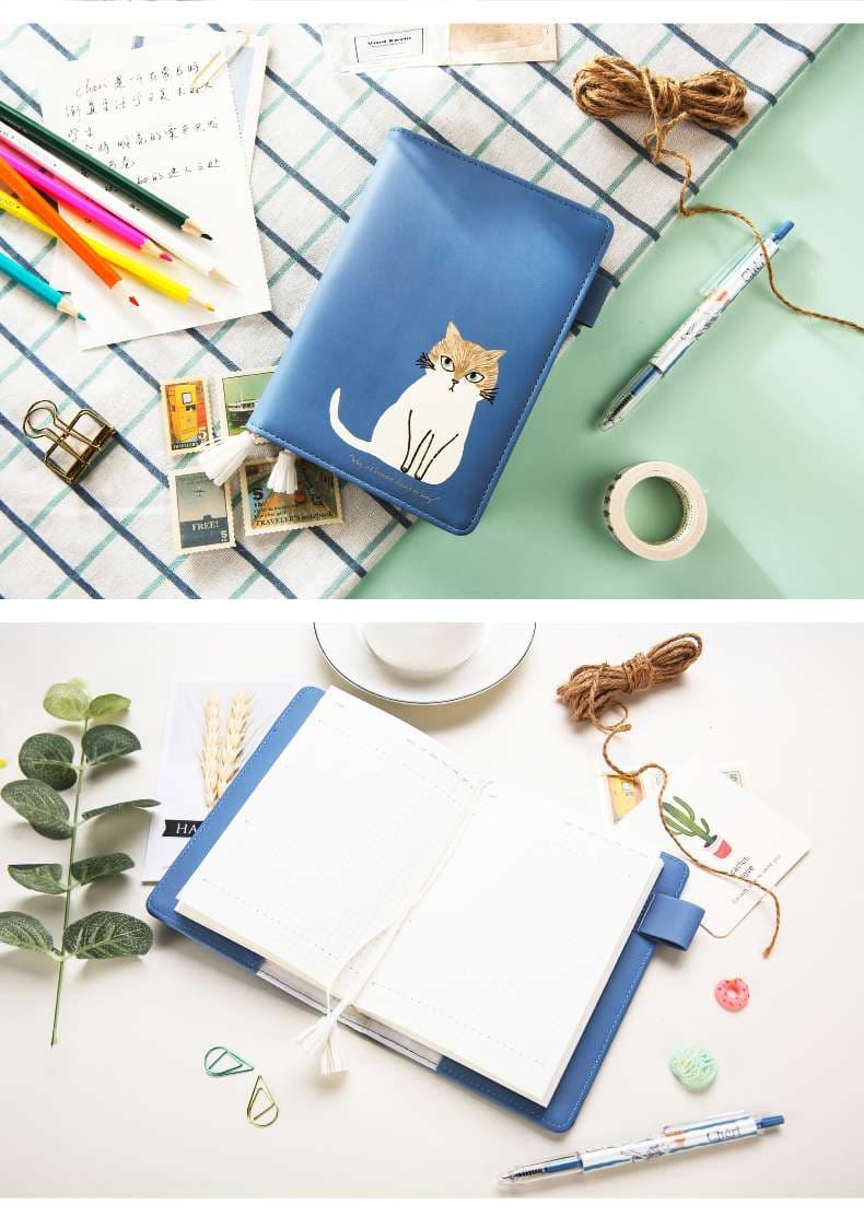 ブックカバー 愛らしい猫柄のブルーレザー手帳カバー
