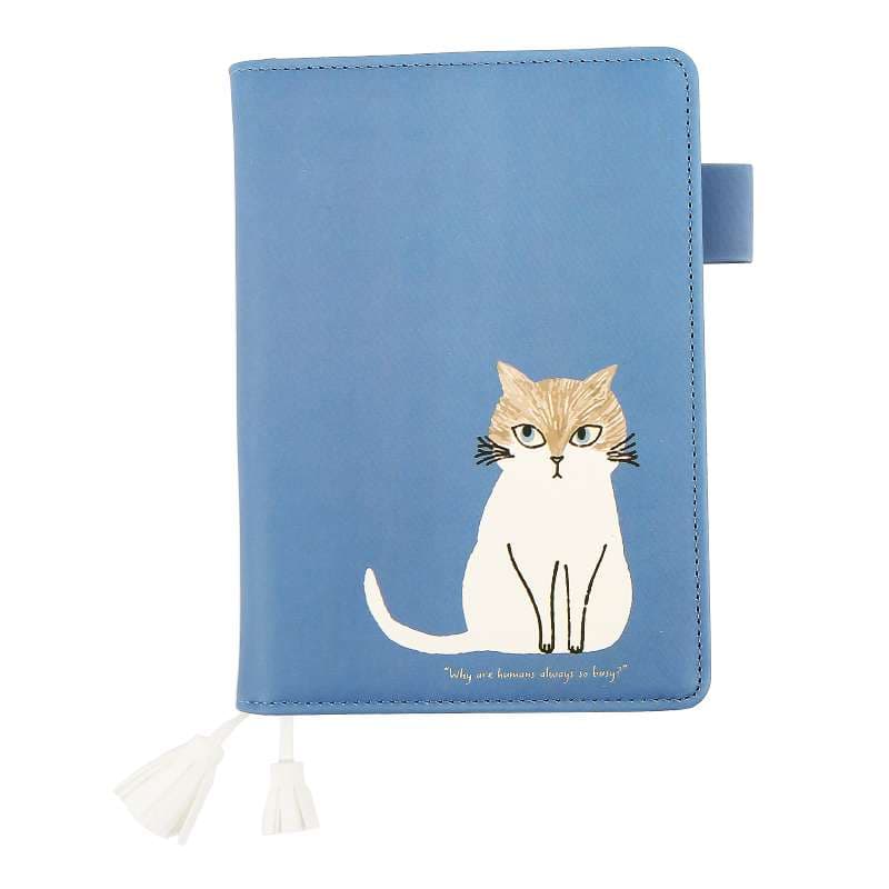 ブックカバー 愛らしい猫柄のブルーレザー手帳カバー